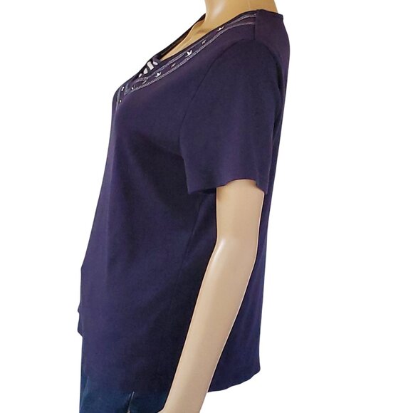 Karen Scott Nautical Sailor T Shirt Women's L Navy Blue Embroidered Knit Stretch - Picture 8 of 12